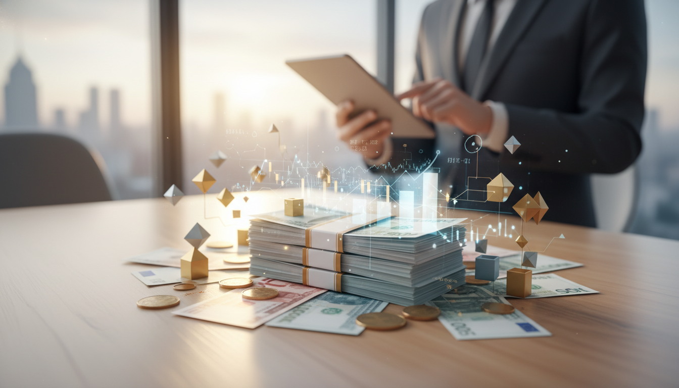 Mężczyzna analizujący ofertę kredytu gotówkowego na laptopie w nowoczesnym salonie